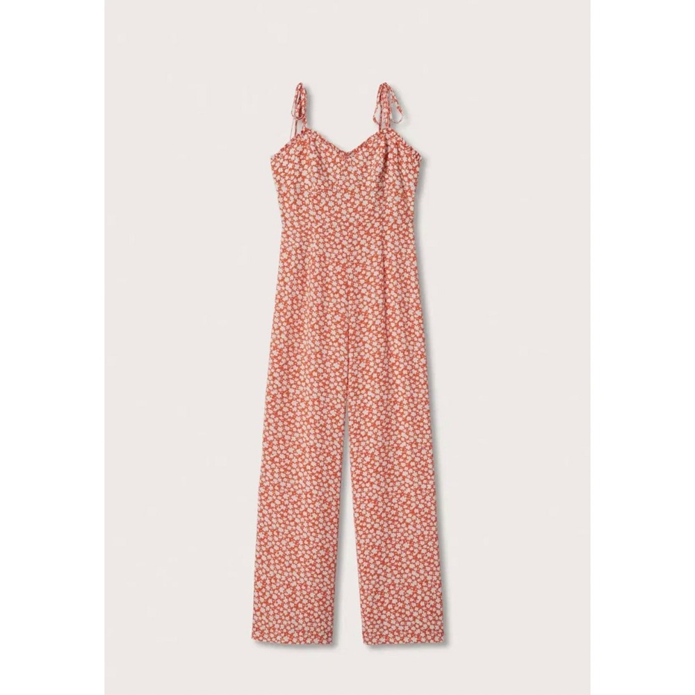 Mango MNG Women Orange White Floral Tie Strap Wide Leg Jumpsuit‎ Size S Small